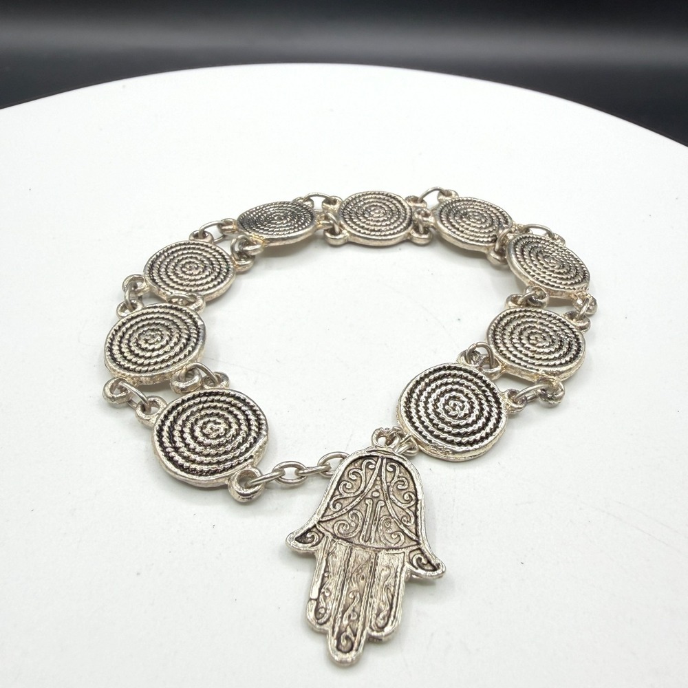 Silver Tone Hamsa Hand Charm Bracelet Spiral Medallion Boho Statement Jewelry